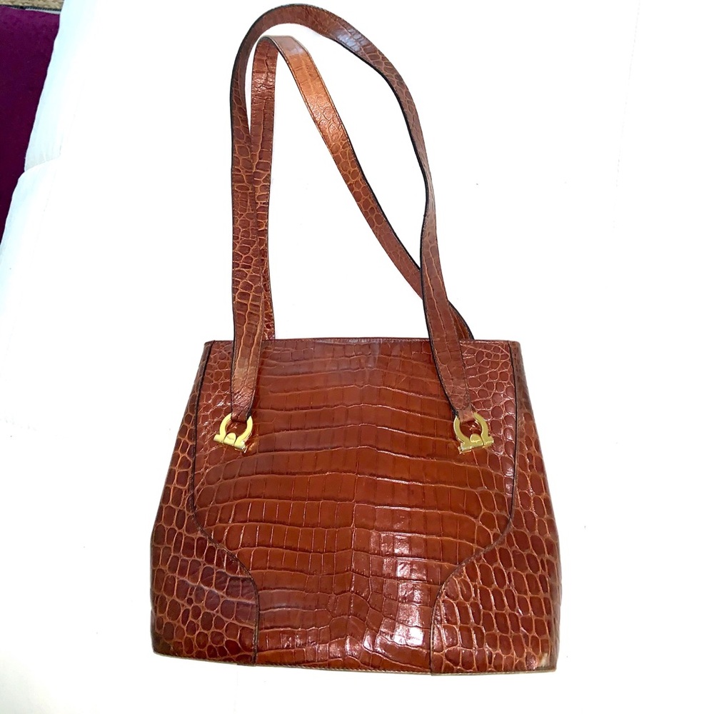 Salvatore Ferragamo Brown Crocodile Shoulder Bag